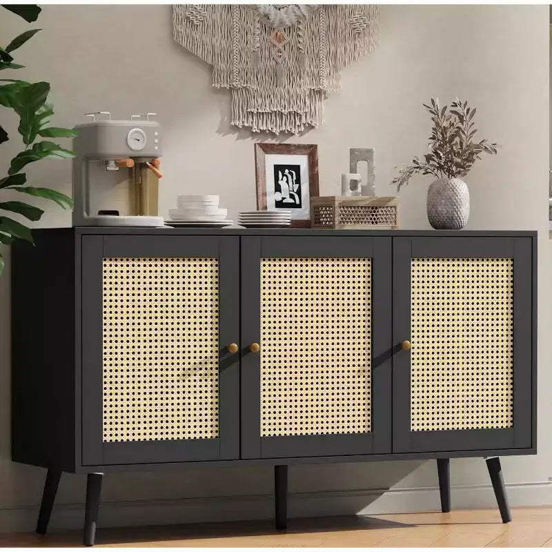47.2 Rattan Sideboard Buffet Cabinet with 3 Doors,Boho Sideboard Buffet Cabinet with Adjustable Shelves, Console Table for Living Room, Dining Room