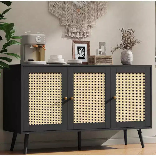 47.2 Rattan Sideboard Buffet Cabinet with 3 Doors,Boho Sideboard Buffet Cabinet with Adjustable Shelves, Console Table for Living Room, Dining Room