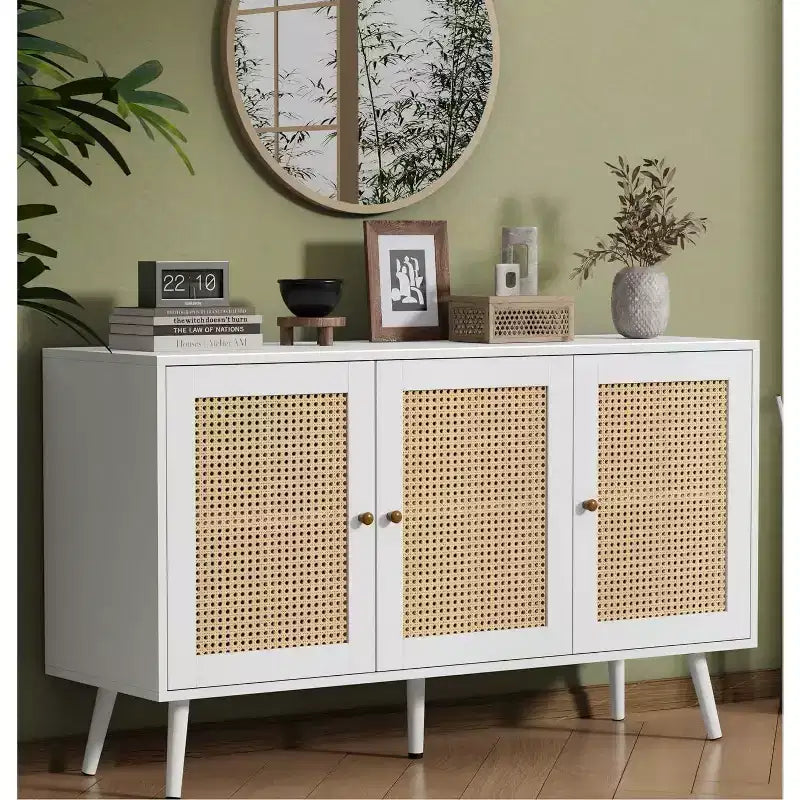 47.2 Bahut en rotin avec 3 portes, buffet bohème avec étagères réglables, table console pour salon, salle à manger