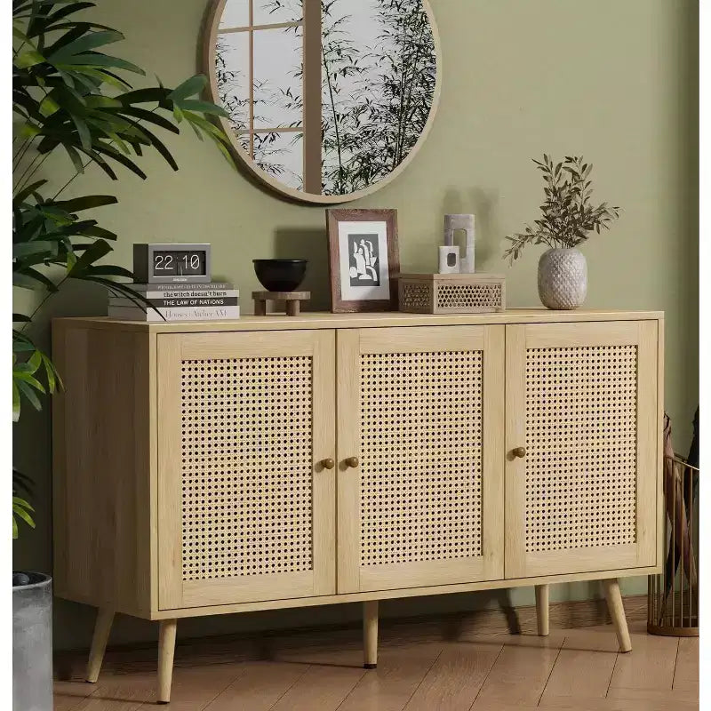 47.2 Bahut en rotin avec 3 portes, buffet bohème avec étagères réglables, table console pour salon, salle à manger