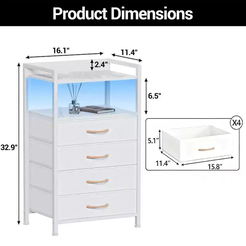 Table de chevet haute moderne avec lumières LED - 4 tiroirs en tissu, étagère supérieure, cadre en acier, meuble étroit pour chambre, dortoir, table d'appoint de canapé dans le couloir