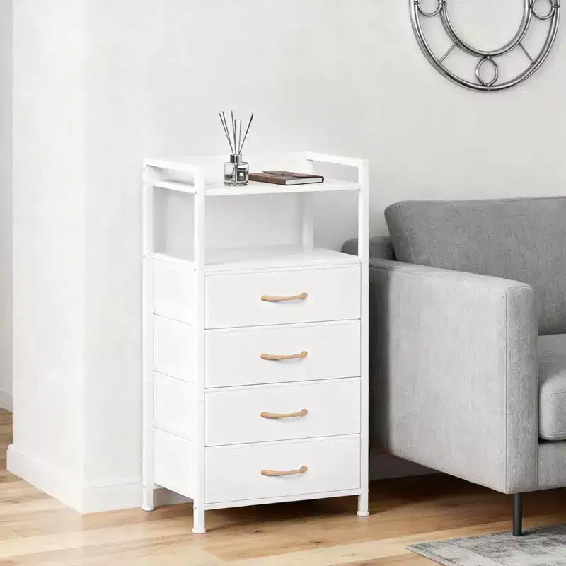 Table de chevet haute moderne avec lumières LED - 4 tiroirs en tissu, étagère supérieure, cadre en acier, meuble étroit pour chambre, dortoir, table d'appoint de canapé dans le couloir