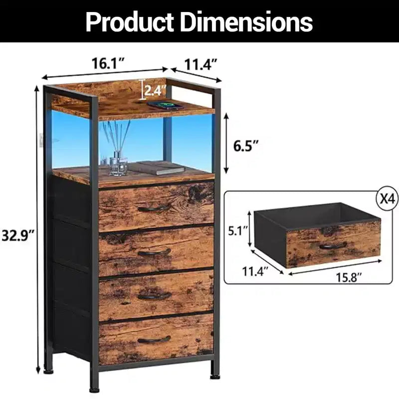 Table de chevet haute moderne avec lumières LED - 4 tiroirs en tissu, étagère supérieure, cadre en acier, meuble étroit pour chambre, dortoir, table d'appoint de canapé dans le couloir