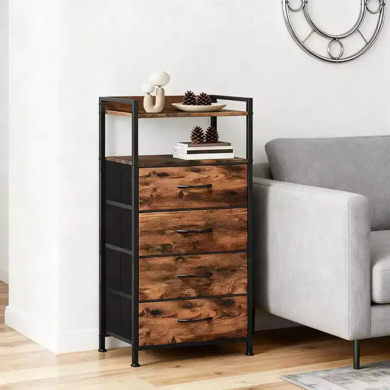 Table de chevet haute moderne avec lumières LED - 4 tiroirs en tissu, étagère supérieure, cadre en acier, meuble étroit pour chambre, dortoir, table d'appoint de canapé dans le couloir