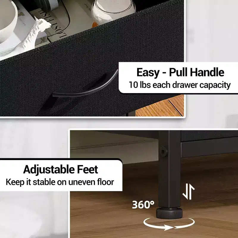 Table de chevet haute moderne avec lumières LED - 4 tiroirs en tissu, étagère supérieure, cadre en acier, meuble étroit pour chambre, dortoir, table d'appoint de canapé dans le couloir