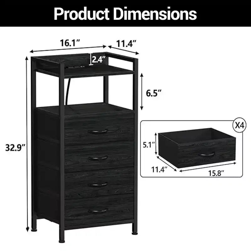 Table de chevet haute moderne avec lumières LED - 4 tiroirs en tissu, étagère supérieure, cadre en acier, meuble étroit pour chambre, dortoir, table d'appoint de canapé dans le couloir