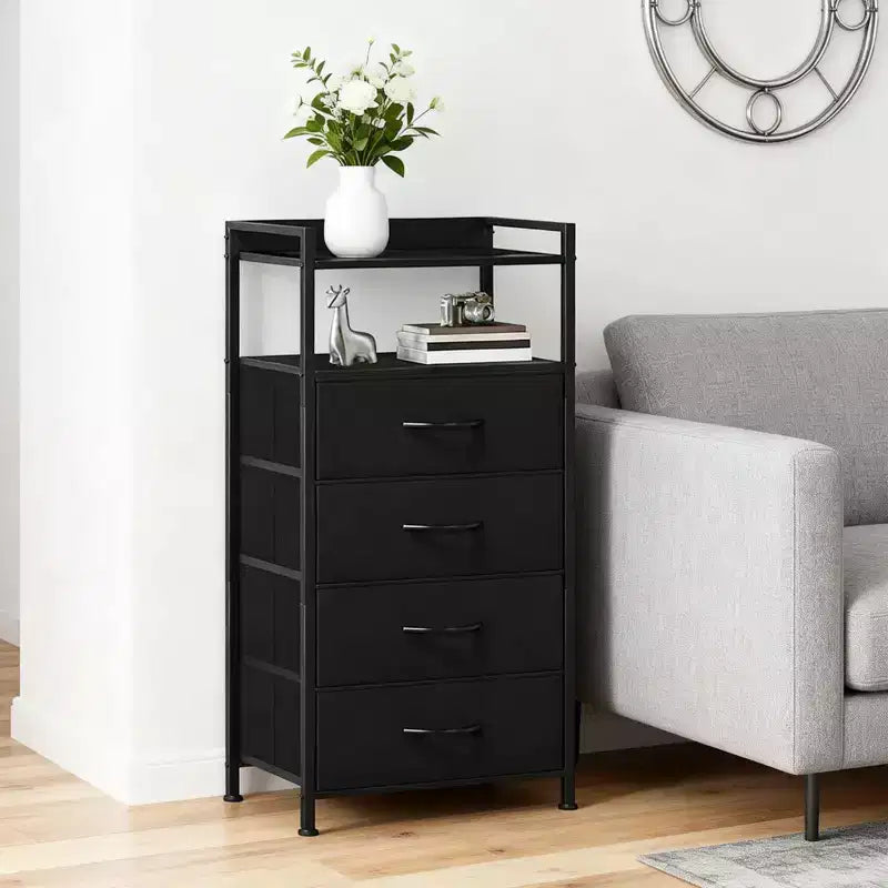 Table de chevet haute moderne avec lumières LED - 4 tiroirs en tissu, étagère supérieure, cadre en acier, meuble étroit pour chambre, dortoir, table d'appoint de canapé dans le couloir