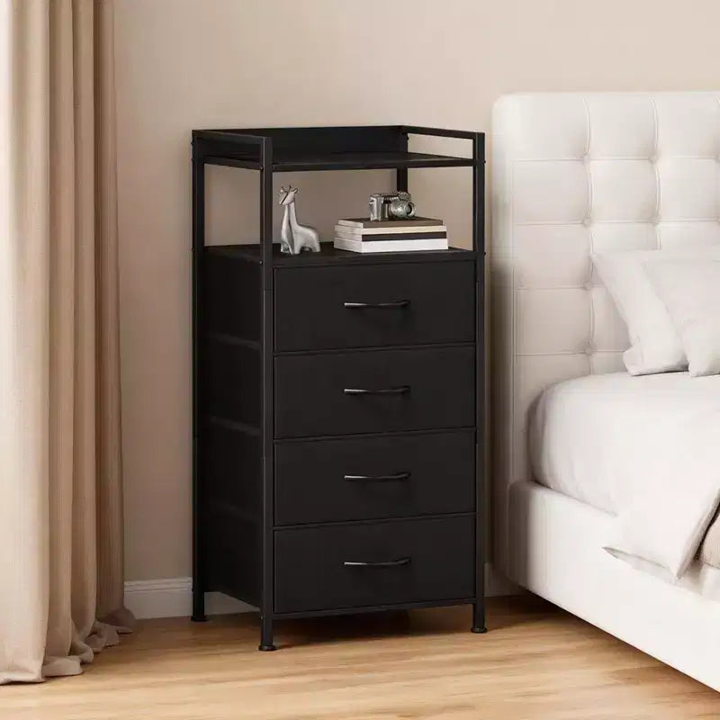 Modern Tall Bedside table with LED Lights - 4 Fabric Drawers, Top Shelf, Steel Frame, Narrow Cabinet for Bedroom, Dorm, Hallway Sofa Side Table
