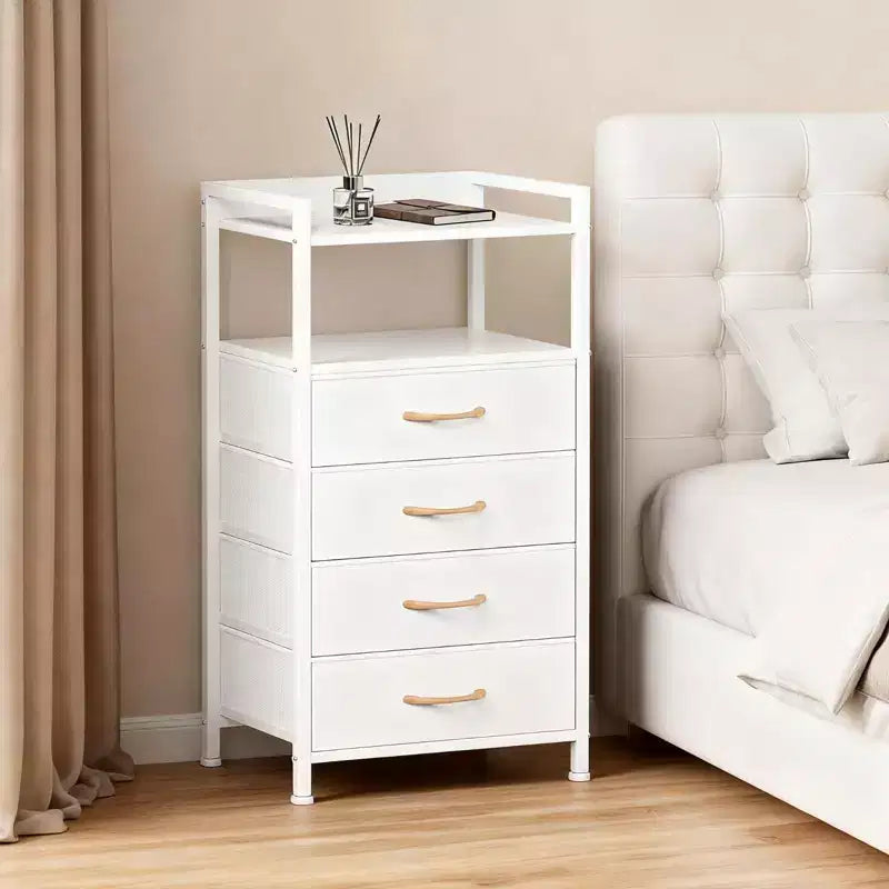 Table de chevet haute moderne avec lumières LED - 4 tiroirs en tissu, étagère supérieure, cadre en acier, meuble étroit pour chambre, dortoir, table d'appoint de canapé dans le couloir