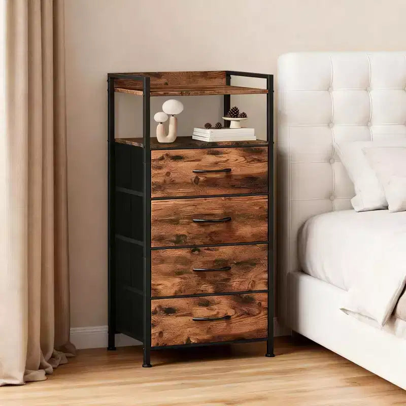 Table de chevet haute moderne avec lumières LED - 4 tiroirs en tissu, étagère supérieure, cadre en acier, meuble étroit pour chambre, dortoir, table d'appoint de canapé dans le couloir