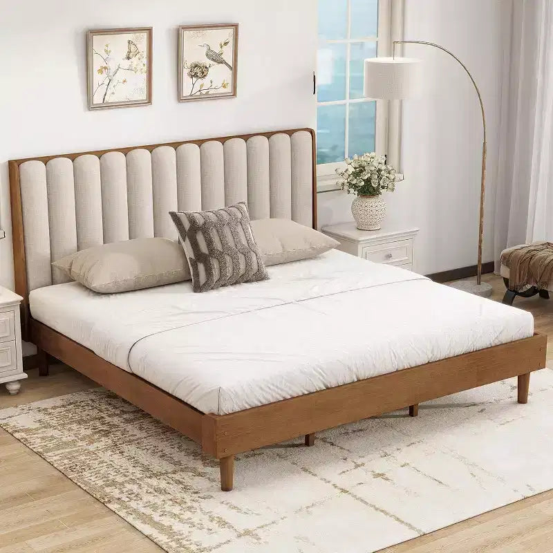 Zevemomo King Size Wooden Platform Bed Frame with Piano Key Style Upholstered Headboard, Strengthened Frame, No Box Spring Needed, Wheat