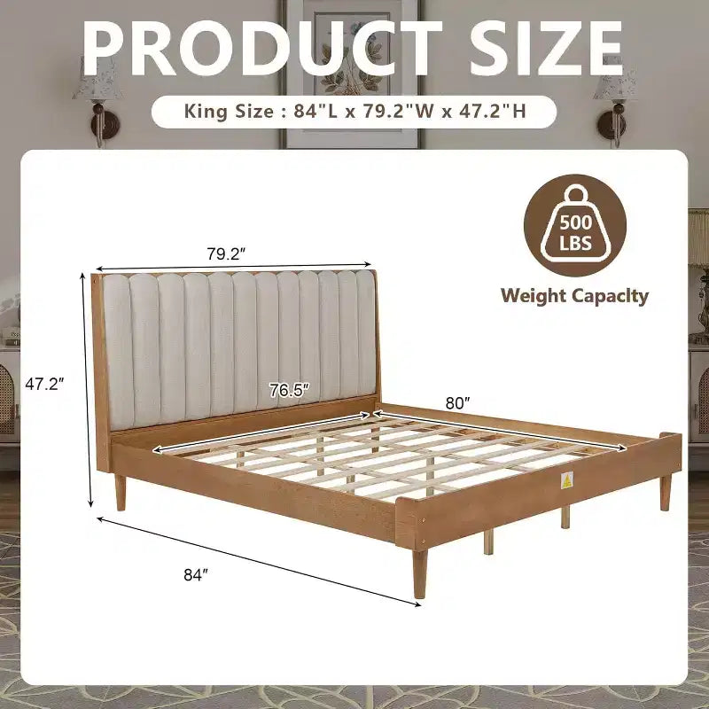 Cadre de lit plateforme King Size en bois avec tête de lit capitonnée style clavier de piano, cadre renforcé, aucun sommier tapissier requis, coloris blé.
