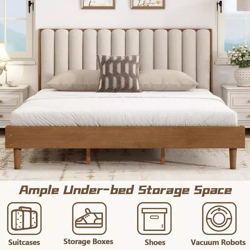 Cadre de lit plateforme King Size en bois avec tête de lit capitonnée style clavier de piano, cadre renforcé, aucun sommier tapissier requis, coloris blé.