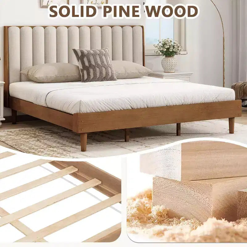 Cadre de lit plateforme King Size en bois avec tête de lit capitonnée style clavier de piano, cadre renforcé, aucun sommier tapissier requis, coloris blé.