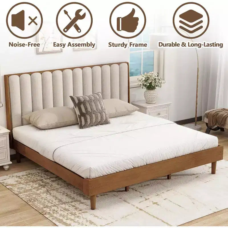Cadre de lit plateforme King Size en bois avec tête de lit capitonnée style clavier de piano, cadre renforcé, aucun sommier tapissier requis, coloris blé.