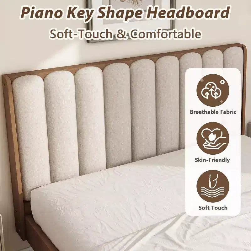 Cadre de lit plateforme King Size en bois avec tête de lit capitonnée style clavier de piano, cadre renforcé, aucun sommier tapissier requis, coloris blé.