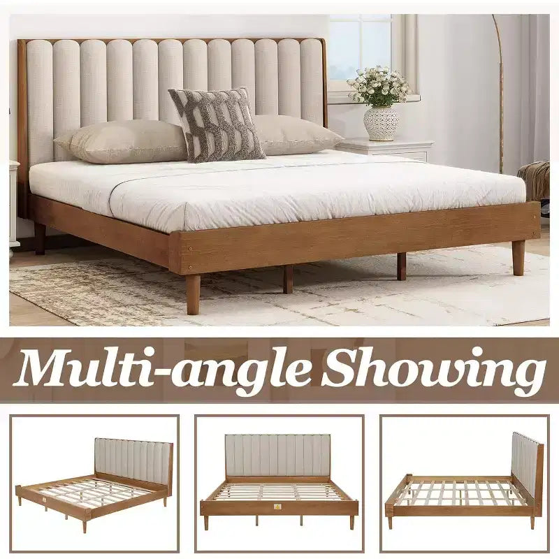 Cadre de lit plateforme King Size en bois avec tête de lit capitonnée style clavier de piano, cadre renforcé, aucun sommier tapissier requis, coloris blé.
