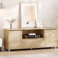 Boho Rattan TV Stand (Fits 70 TVs) with Adjustable Shelf & Drawer, Oak Finish Media Console for Living Room & Bedroom