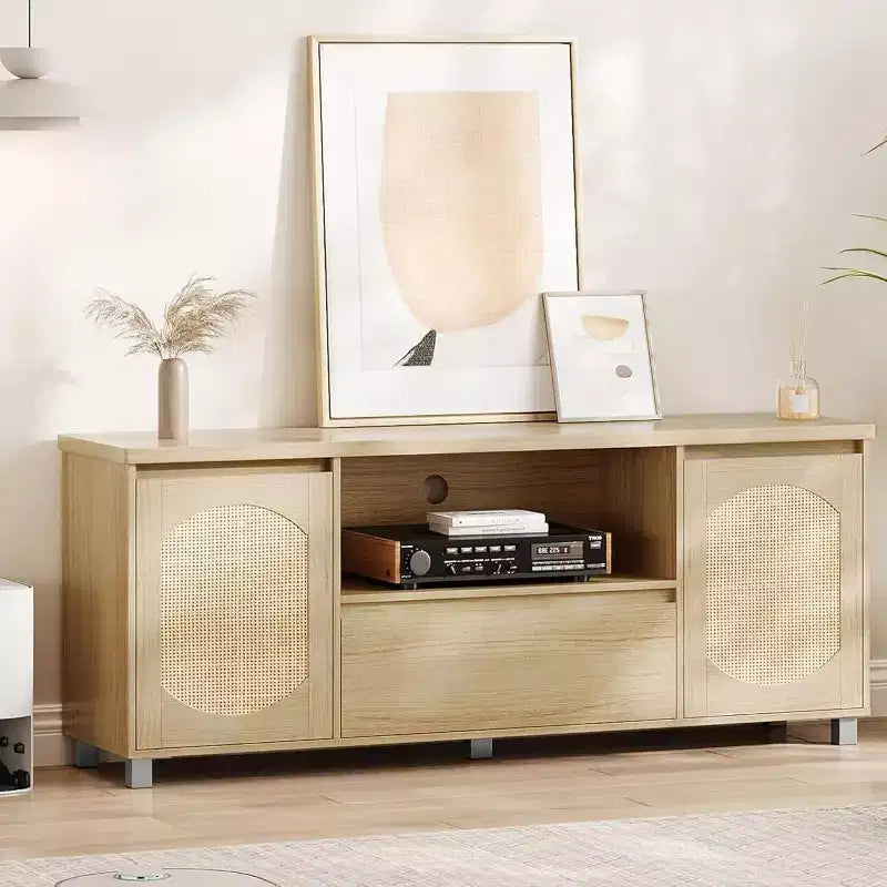 Boho Rattan TV Stand (Fits 70 TVs) with Adjustable Shelf & Drawer, Oak Finish Media Console for Living Room & Bedroom