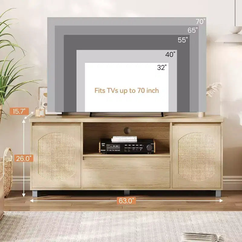 Meuble TV en rotin bohème (compatible avec les TV de 70") avec étagère réglable et tiroir, console média couleur chêne pour salon et chambre