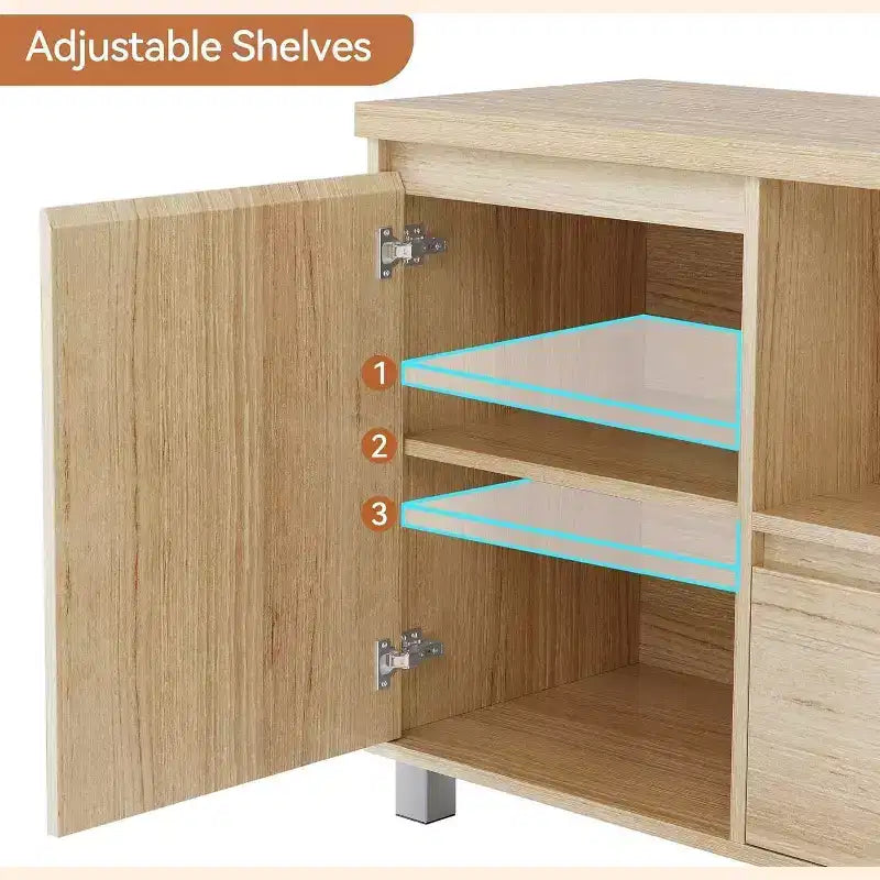 Meuble TV en rotin bohème (compatible avec les TV de 70") avec étagère réglable et tiroir, console média couleur chêne pour salon et chambre