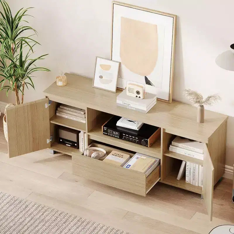 Meuble TV en rotin bohème (compatible avec les TV de 70") avec étagère réglable et tiroir, console média couleur chêne pour salon et chambre