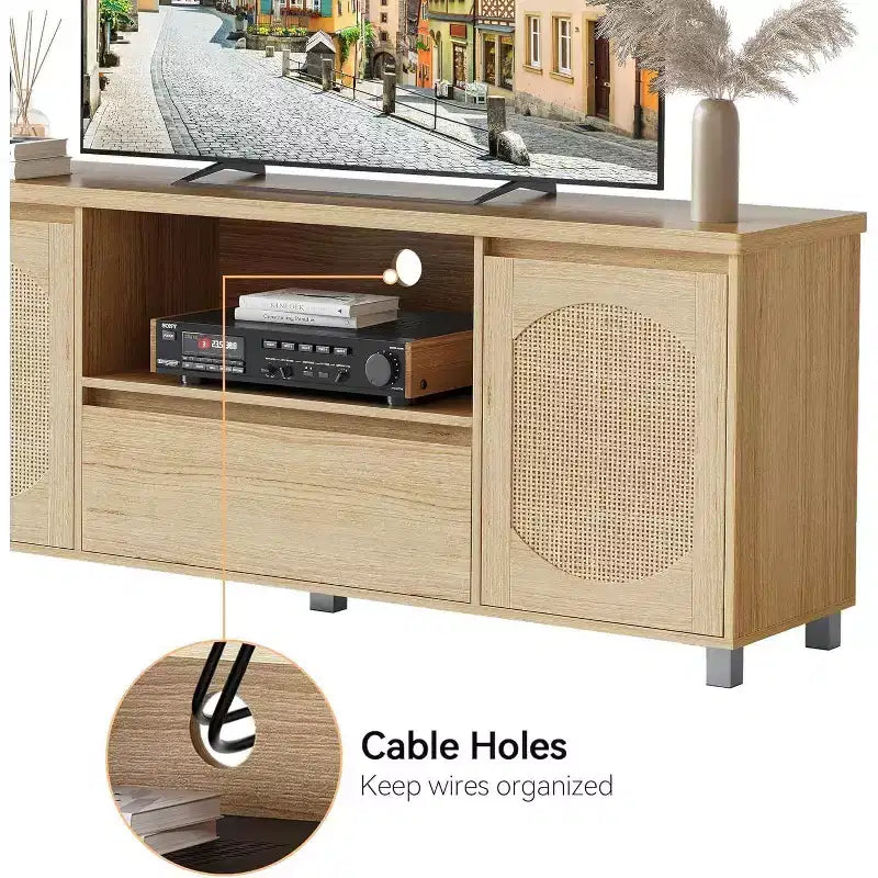 Meuble TV en rotin bohème (compatible avec les TV de 70") avec étagère réglable et tiroir, console média couleur chêne pour salon et chambre