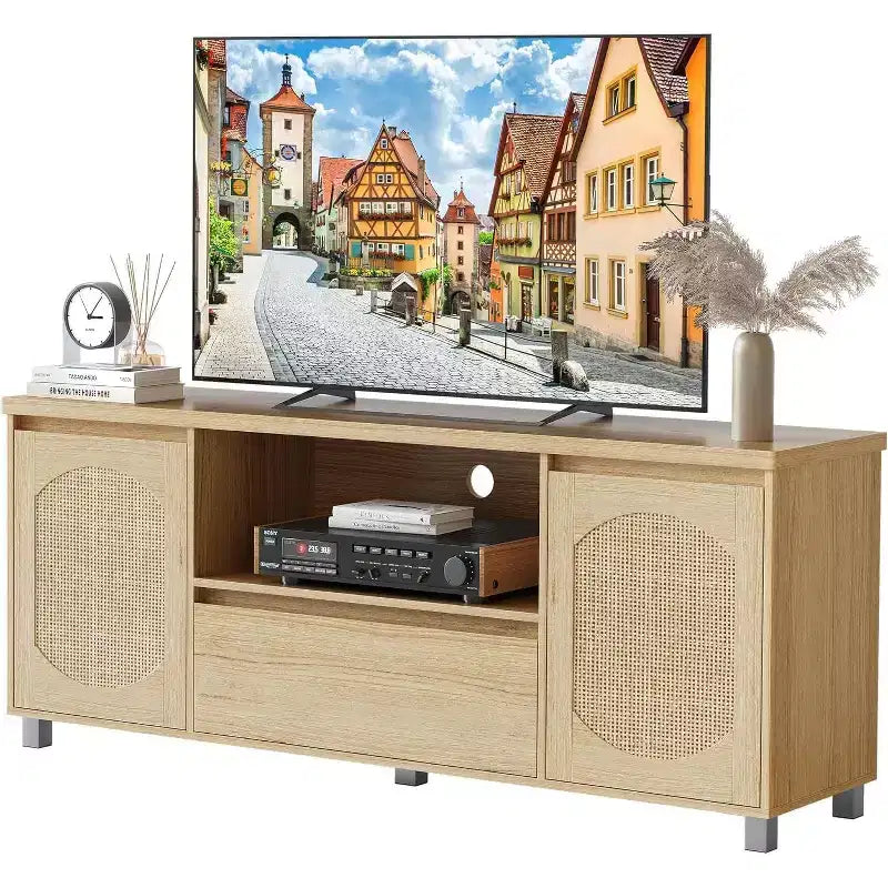 Meuble TV en rotin bohème (compatible avec les TV de 70") avec étagère réglable et tiroir, console média couleur chêne pour salon et chambre