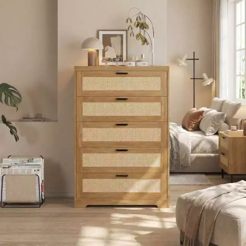 COZONY 31.5'' Tall Rattan Dresser with 5 Drawers, Wooden Storage Chest with Wide Top for Bedroom & Entryway
