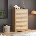 Grande commode en rotin avec 5 tiroirs, commode de rangement en bois avec plateau large pour chambre et entrée