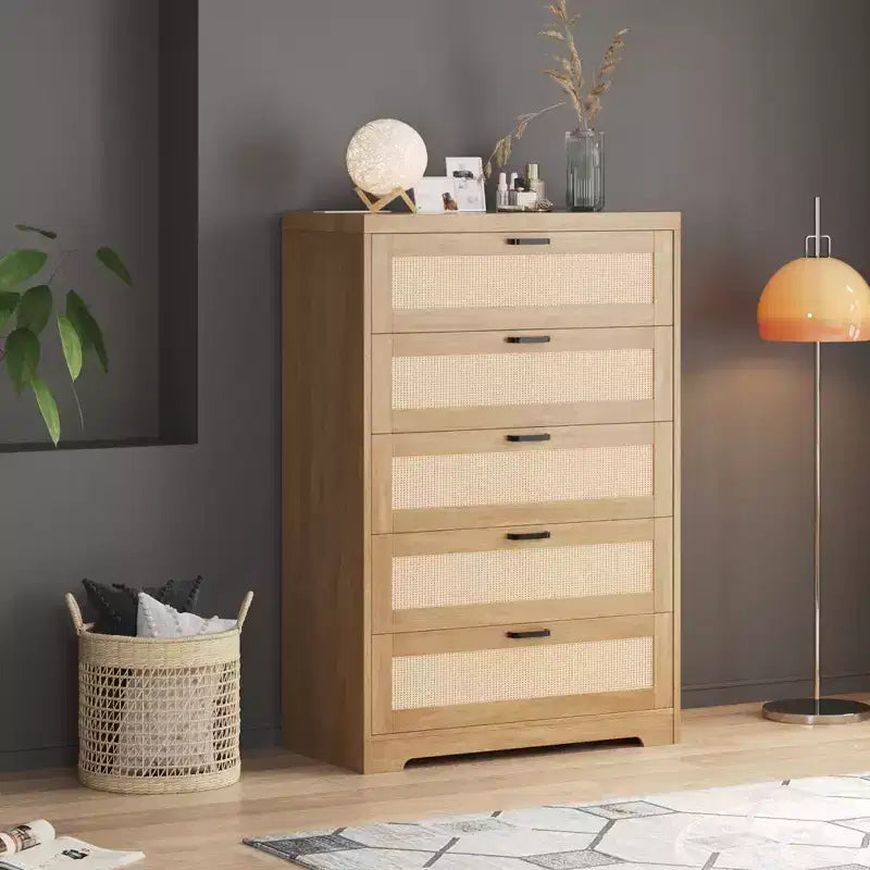Grande commode en rotin avec 5 tiroirs, commode de rangement en bois avec plateau large pour chambre et entrée
