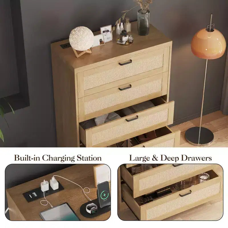 Grande commode en rotin avec 5 tiroirs, commode de rangement en bois avec plateau large pour chambre et entrée