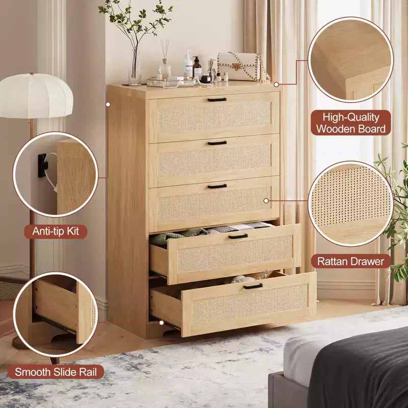 Grande commode en rotin avec 5 tiroirs, commode de rangement en bois avec plateau large pour chambre et entrée