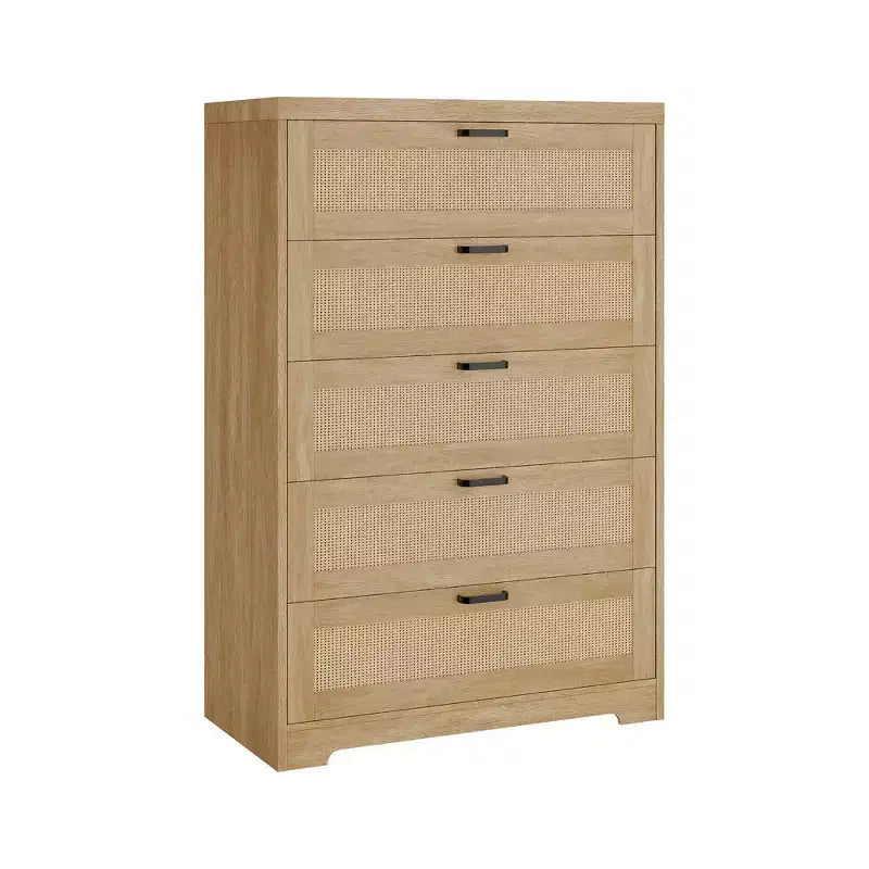 Grande commode en rotin avec 5 tiroirs, commode de rangement en bois avec plateau large pour chambre et entrée