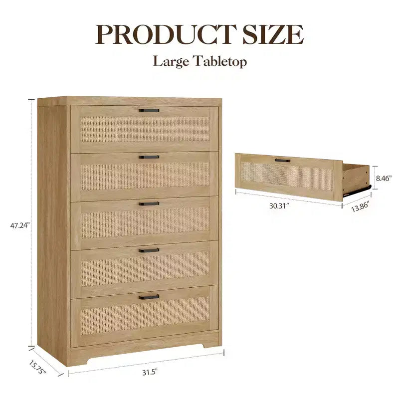 Grande commode en rotin avec 5 tiroirs, commode de rangement en bois avec plateau large pour chambre et entrée