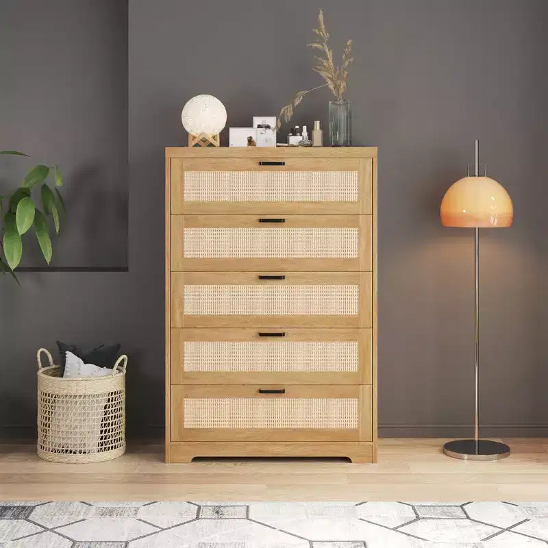 Grande commode en rotin avec 5 tiroirs, commode de rangement en bois avec plateau large pour chambre et entrée