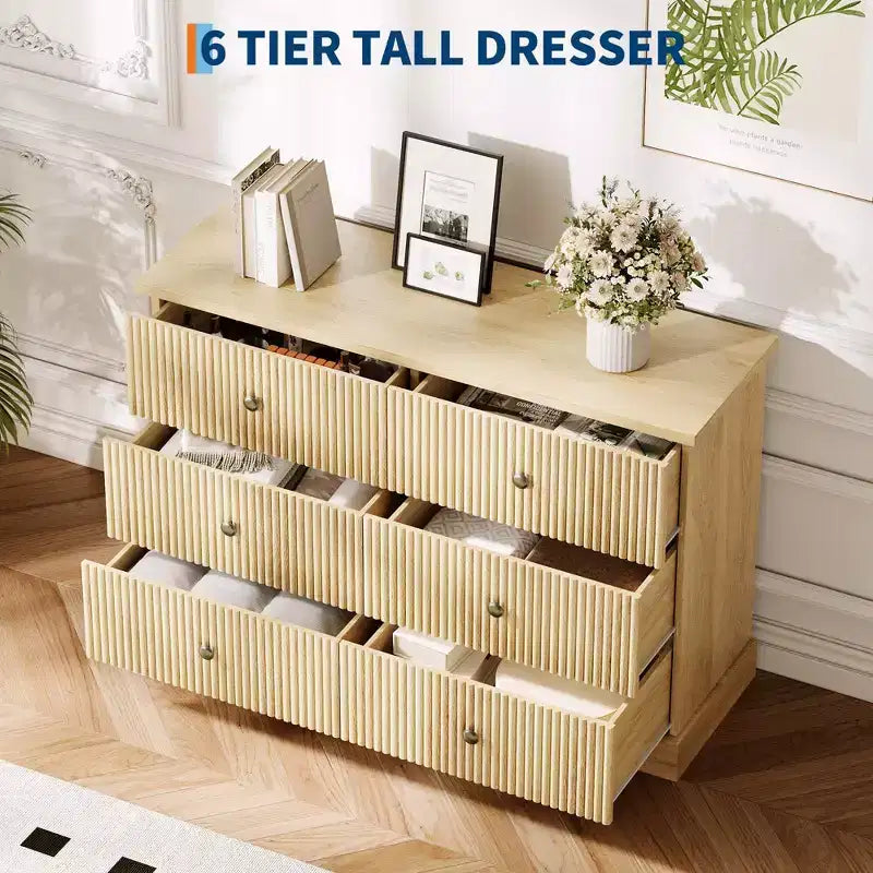 Commode de chambre 6 tiroirs, commode de rangement de 119 cm de large, autoportante