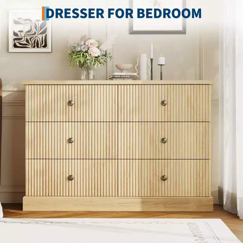 Commode de chambre 6 tiroirs, commode de rangement de 119 cm de large, autoportante