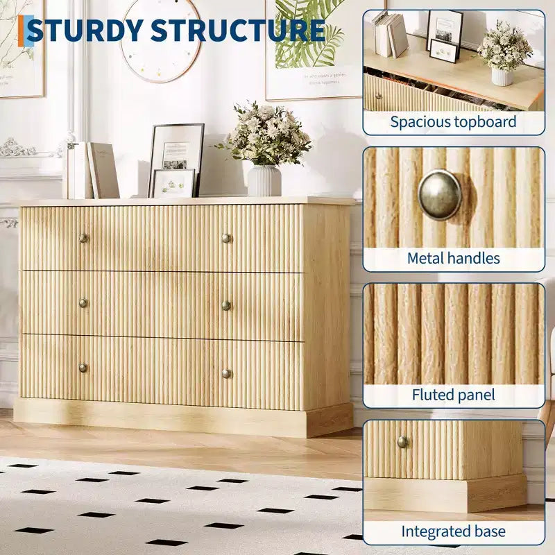 Commode de chambre 6 tiroirs, commode de rangement de 119 cm de large, autoportante