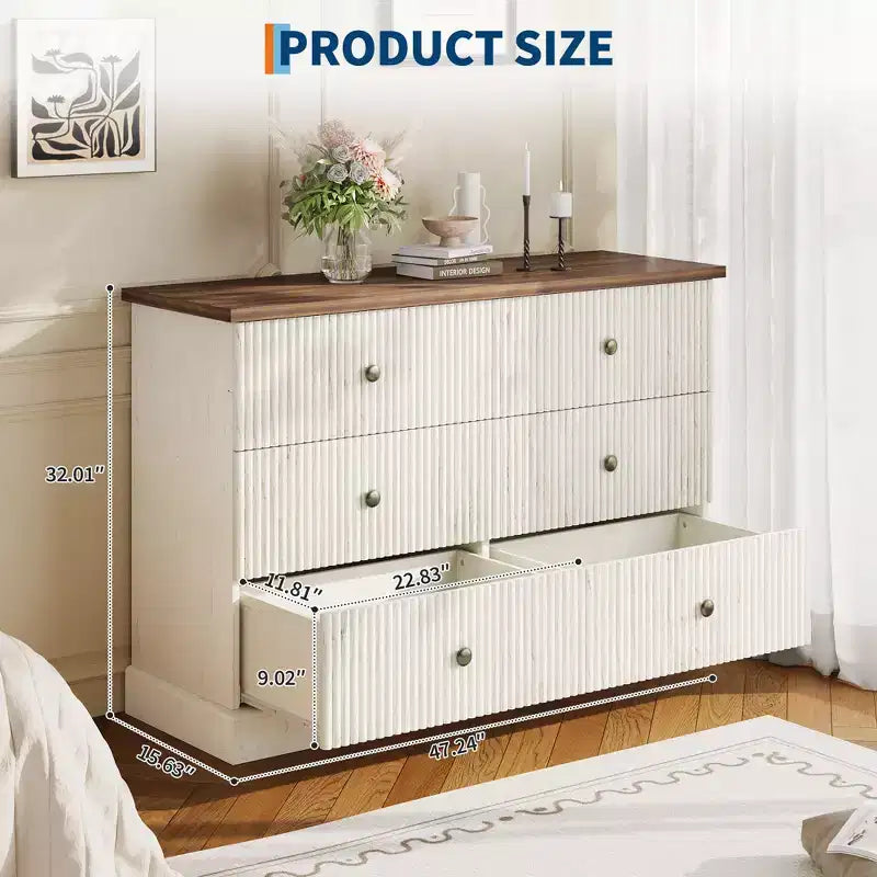 Commode de chambre 6 tiroirs, commode de rangement de 119 cm de large, autoportante