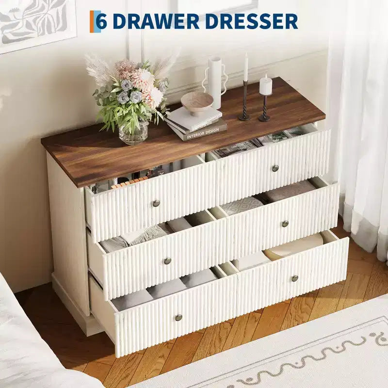 Commode de chambre 6 tiroirs, commode de rangement de 119 cm de large, autoportante