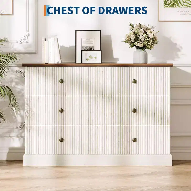 Commode de chambre 6 tiroirs, commode de rangement de 119 cm de large, autoportante