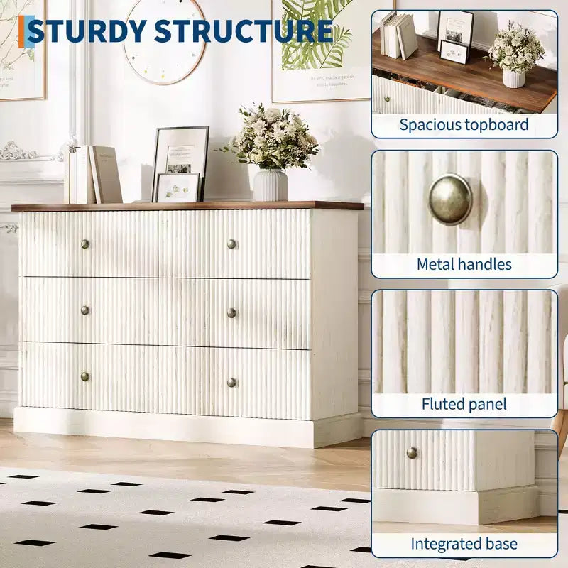 Commode de chambre 6 tiroirs, commode de rangement de 119 cm de large, autoportante