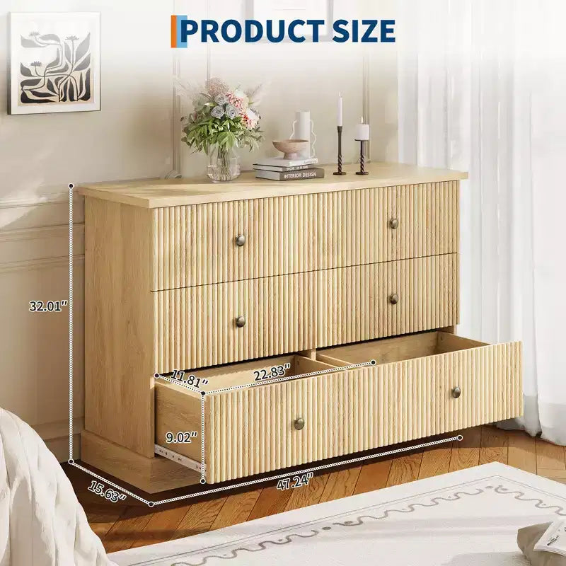 Commode de chambre 6 tiroirs, commode de rangement de 119 cm de large, autoportante