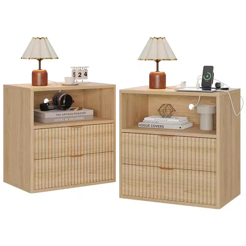 Fluted Night Stand Set of 2 with Charging Station, Mid Century Modern Night Stand, 2 Drawers End Table with Storage