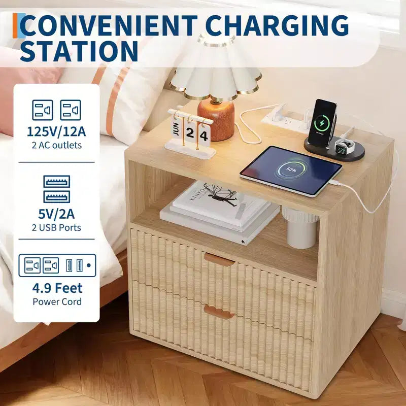 Table de chevet cannelée avec station de charge, Table de chevet moderne du milieu du siècle, Table d'appoint à 2 tiroirs avec rangement
