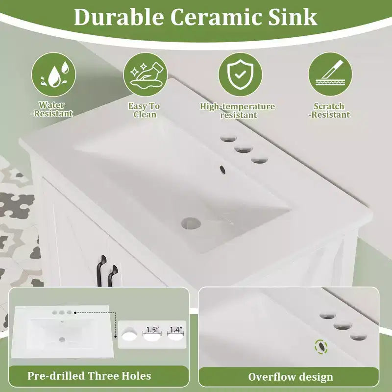 Meuble-lavabo de salle de bain moderne 24/30 avec évier en céramique - Meuble autoportant avec 2 portes et 1 tiroir de rangement pour petite salle de bain