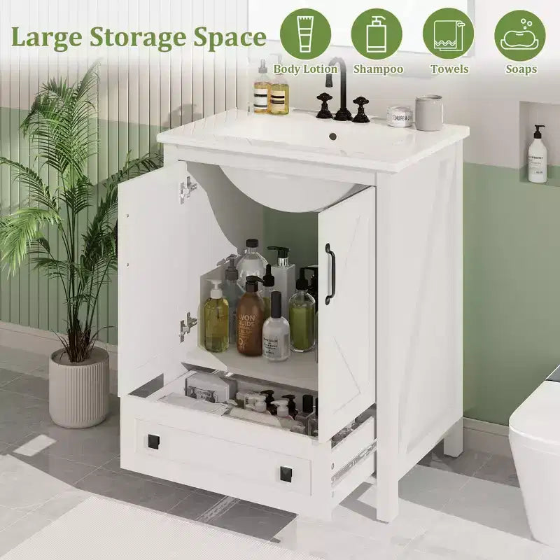 Meuble-lavabo de salle de bain moderne 24/30 avec évier en céramique - Meuble autoportant avec 2 portes et 1 tiroir de rangement pour petite salle de bain