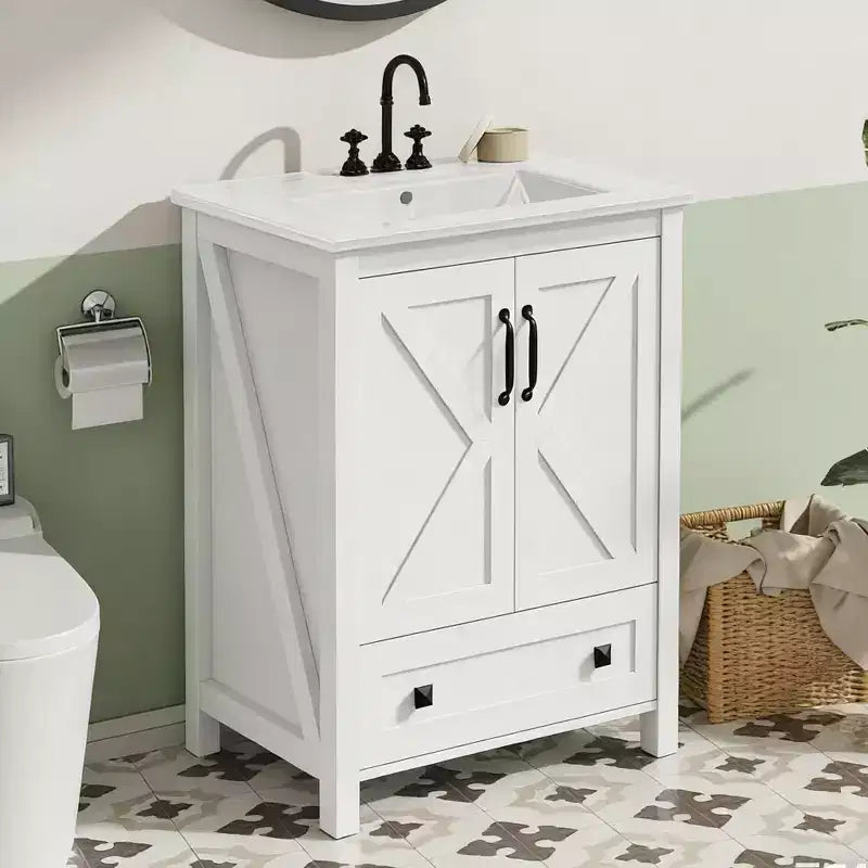 Meuble-lavabo de salle de bain moderne 24/30 avec évier en céramique - Meuble autoportant avec 2 portes et 1 tiroir de rangement pour petite salle de bain