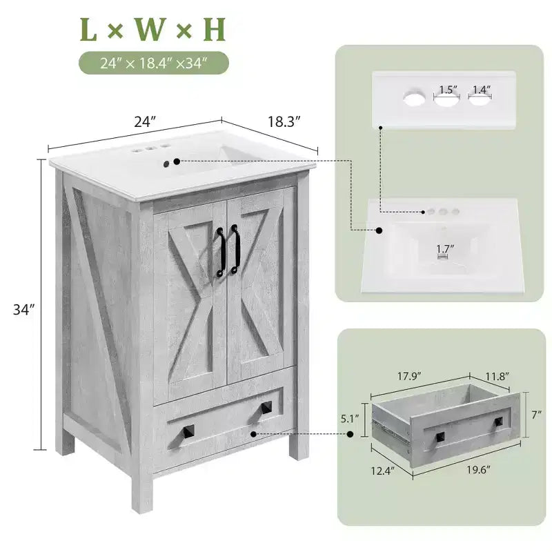 Meuble-lavabo de salle de bain moderne 24/30 avec évier en céramique - Meuble autoportant avec 2 portes et 1 tiroir de rangement pour petite salle de bain